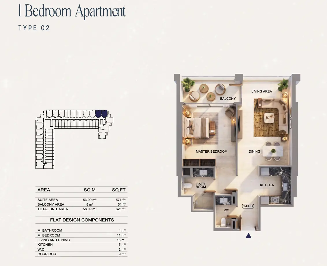 Binghatti Starfall Type 02, 1 bed
