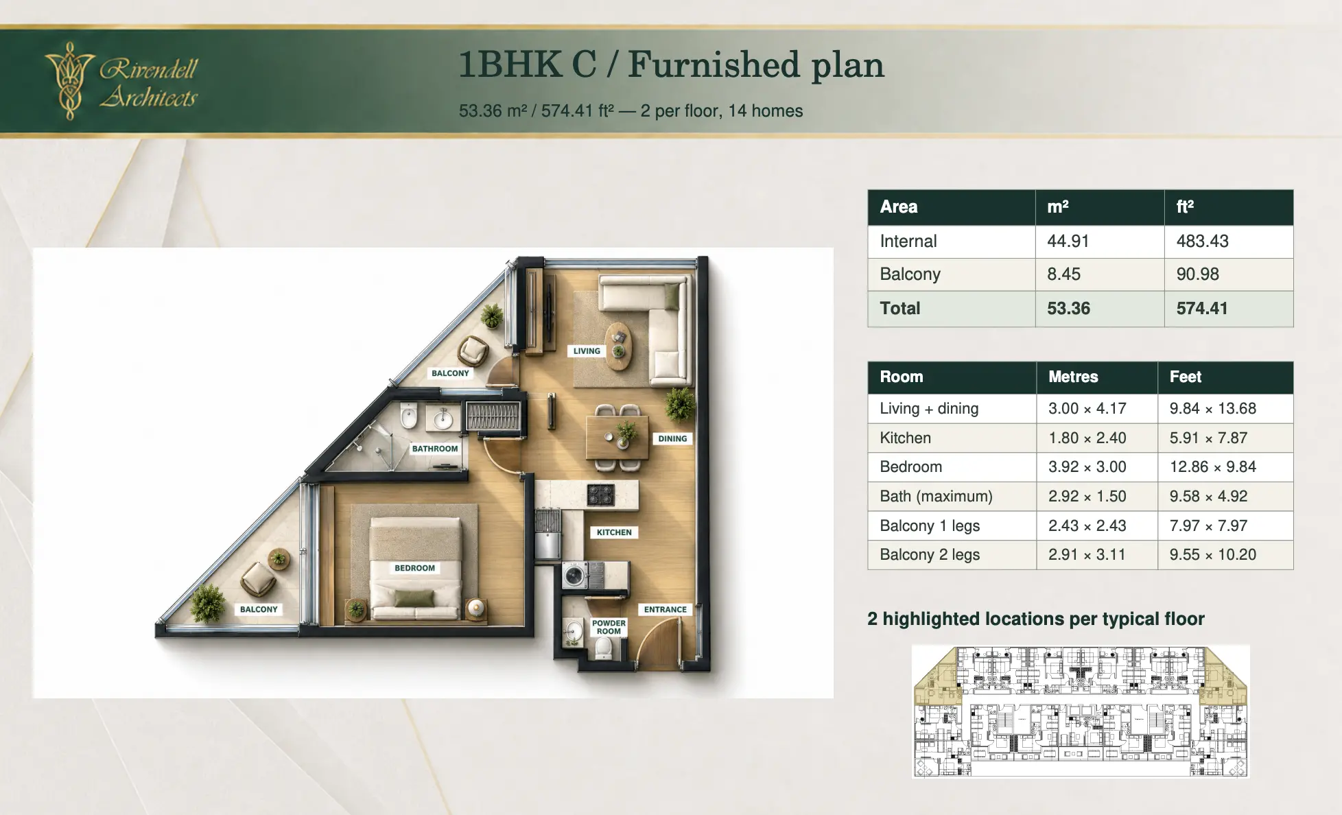 Lunara Tower Type C, 1 bed