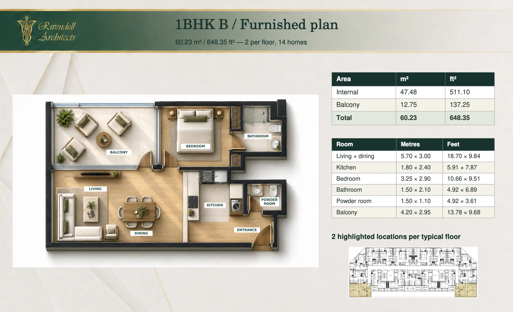 Lunara Tower Type B, 1 bed