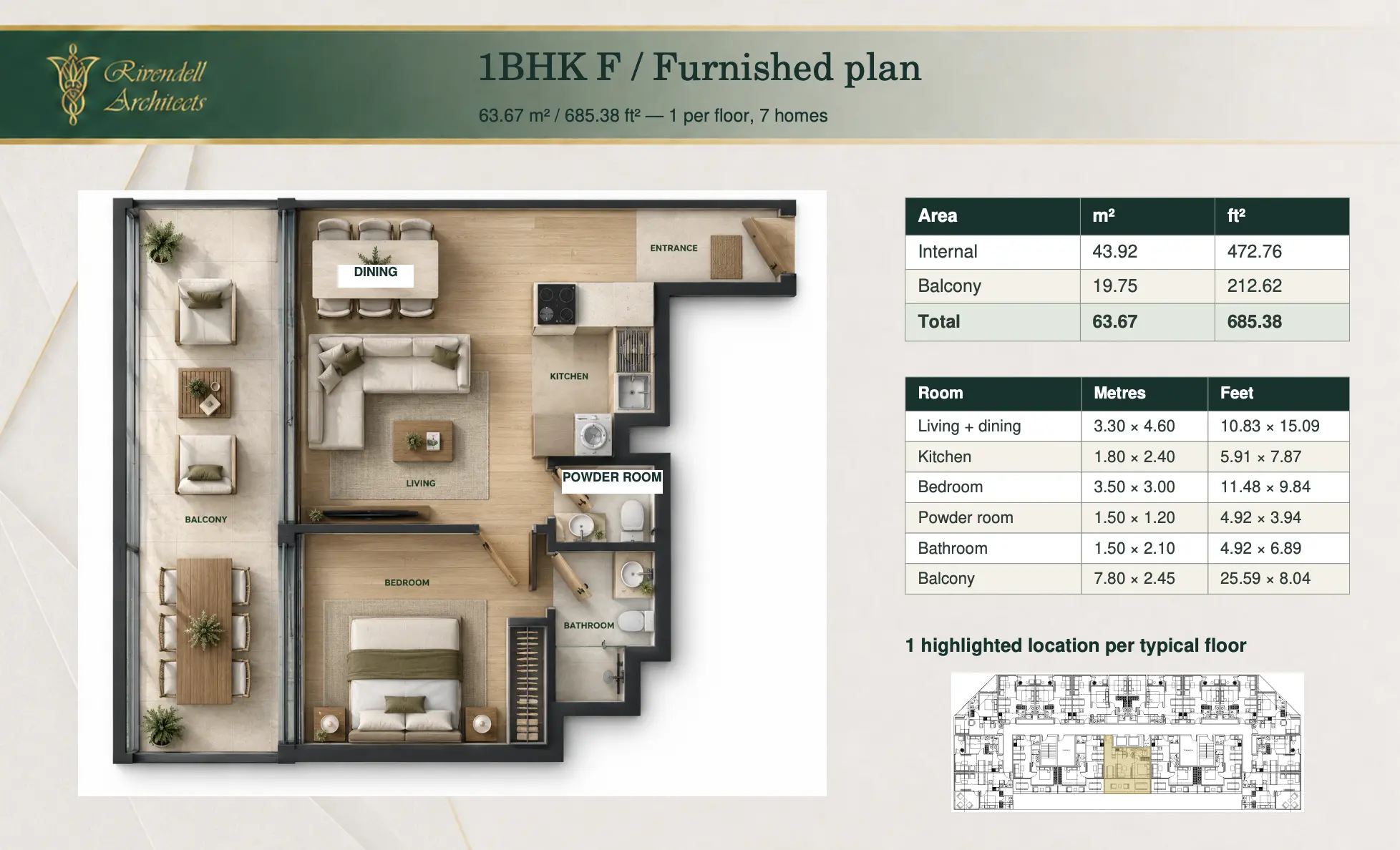 Lunara Tower Type F, 1 bed