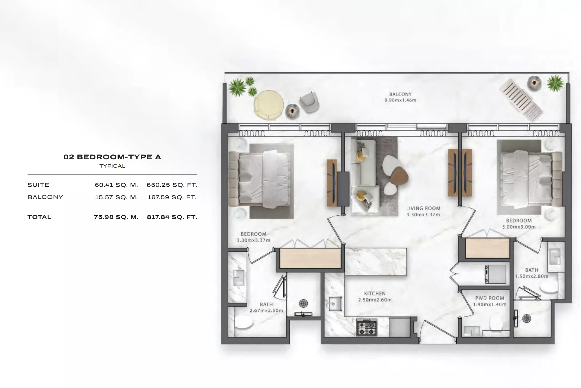 One Central Type A, 2 beds